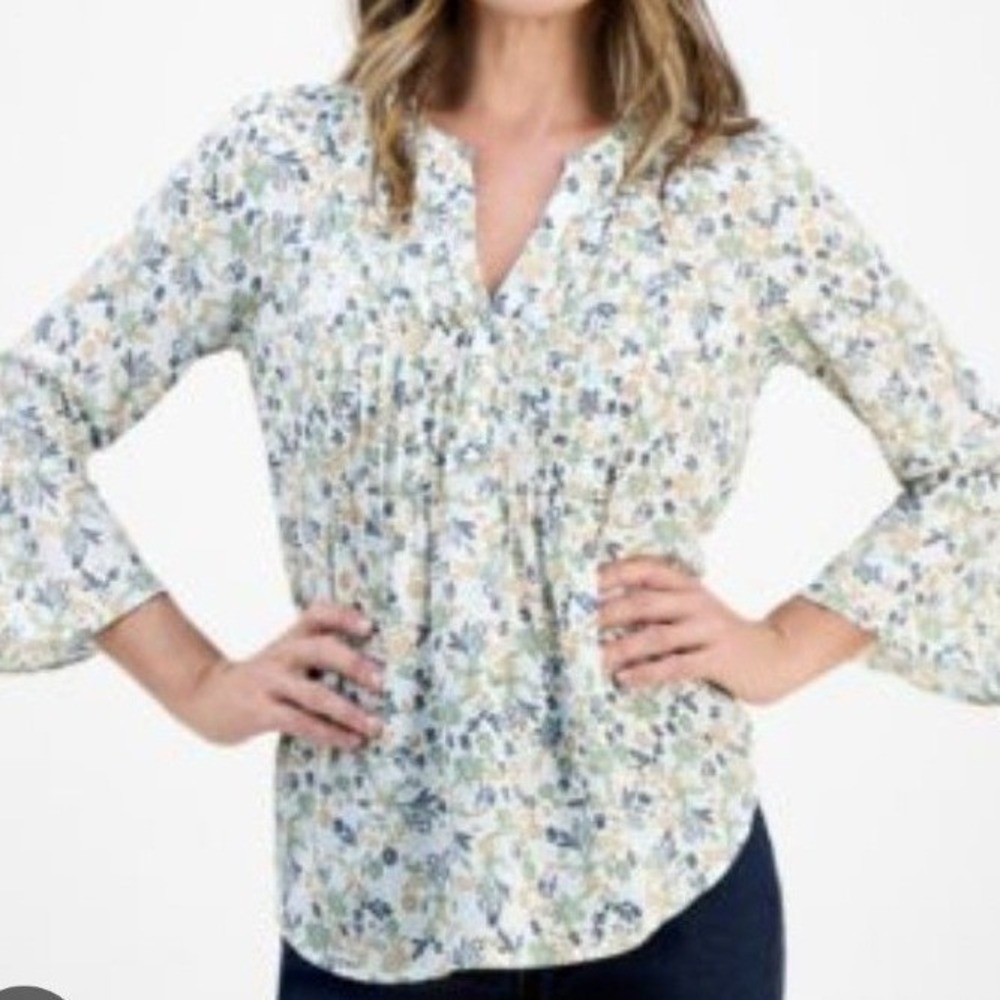 Women's Floral Print‎ Pleated Bell Sleeve V Neck Blouse Top Size L